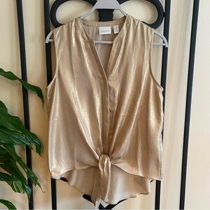 Chico's Gold Sleeveless Blouse with Tie Front and Mandarin Collar